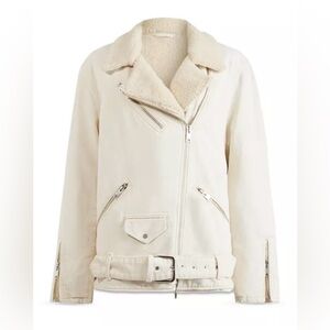 ALLSAINTS Oversized Denim Biker Jacket With Chunky Zips and Faux Sherpa Lining